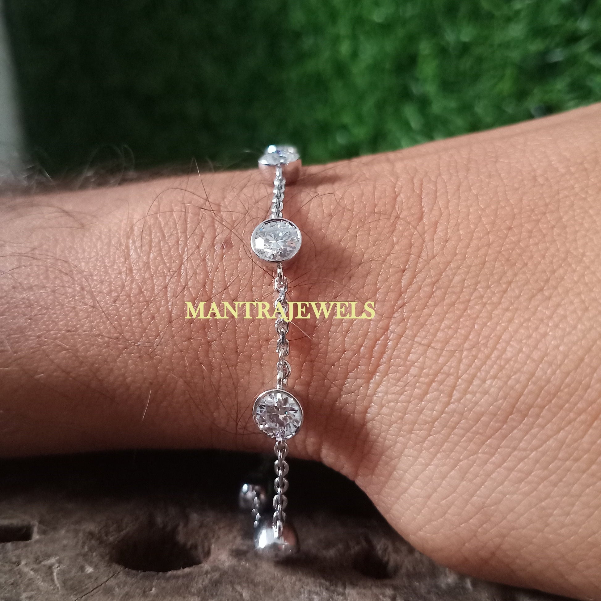 Women Moissanite Bracelet, Diamond By The Yards Bracelet, CZ Simulated Diamond Station Bracelet, Bezel Set Moissanite Bracelet, Bracelet