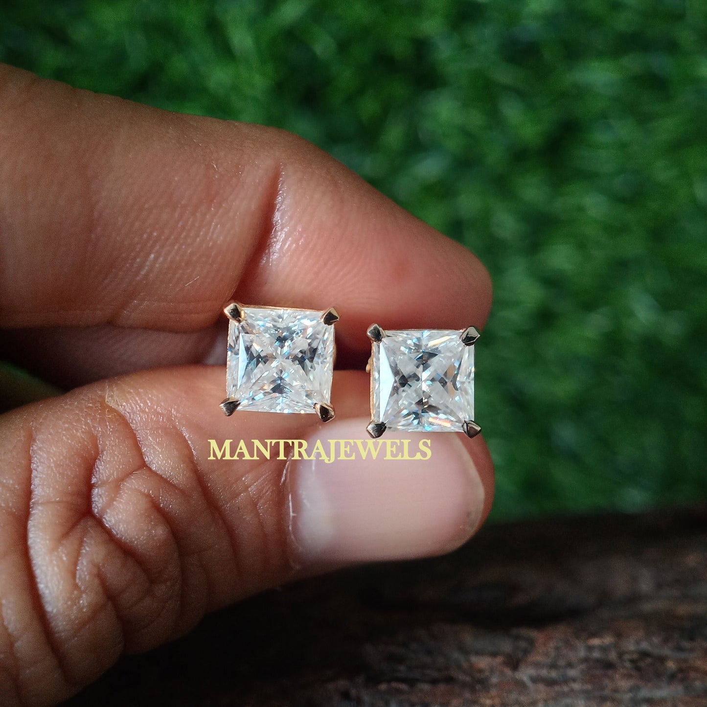 Moissanite Earrings, Solitaire Princess Moissanite Earrings, 3.70 Ct Princess cut Engagement Earrings, Push Back Earrings, Diamond Studs