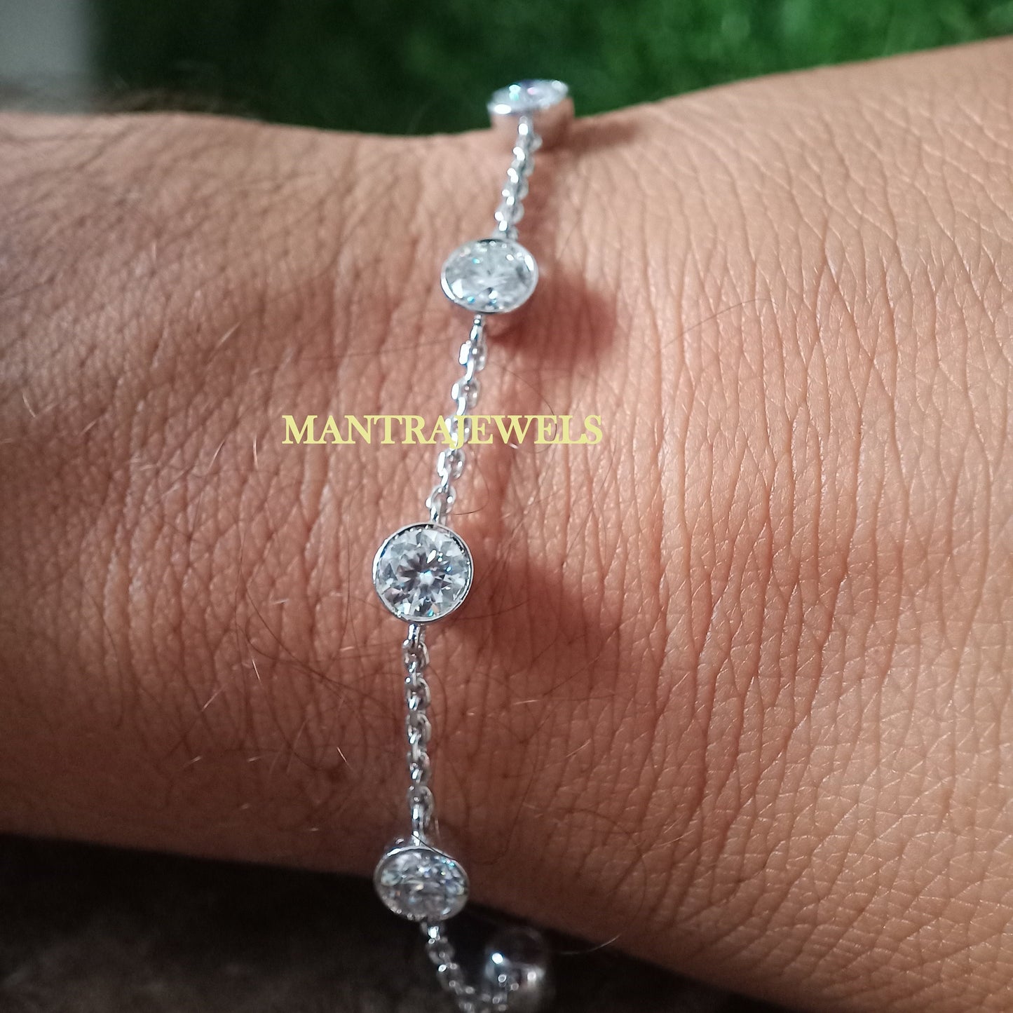 Women Moissanite Bracelet, Diamond By The Yards Bracelet, CZ Simulated Diamond Station Bracelet, Bezel Set Moissanite Bracelet, Bracelet