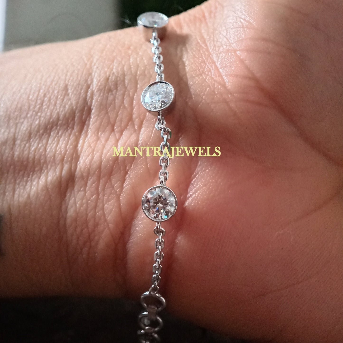 Women Moissanite Bracelet, Diamond By The Yards Bracelet, CZ Simulated Diamond Station Bracelet, Bezel Set Moissanite Bracelet, Bracelet