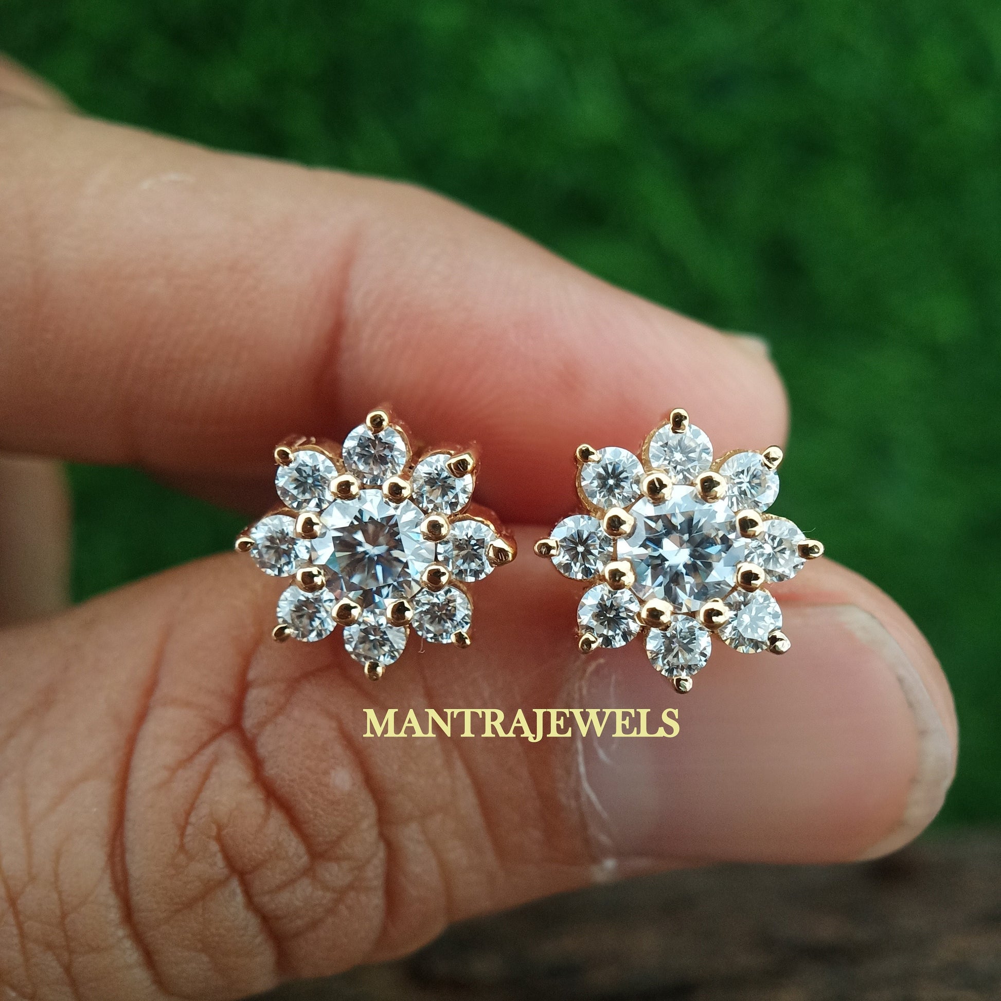 1.90 TCW Round Cut Colorless Moissanite Earrings, Flower Cluster Bridal Stud Earrings, Flower Style Wedding Earrings, Yellow Gold Earrings