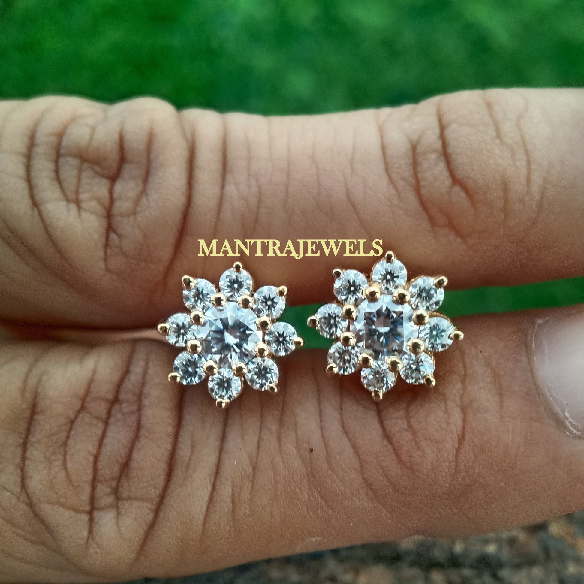 1.90 TCW Round Cut Colorless Moissanite Earrings, Flower Cluster Bridal Stud Earrings, Flower Style Wedding Earrings, Yellow Gold Earrings