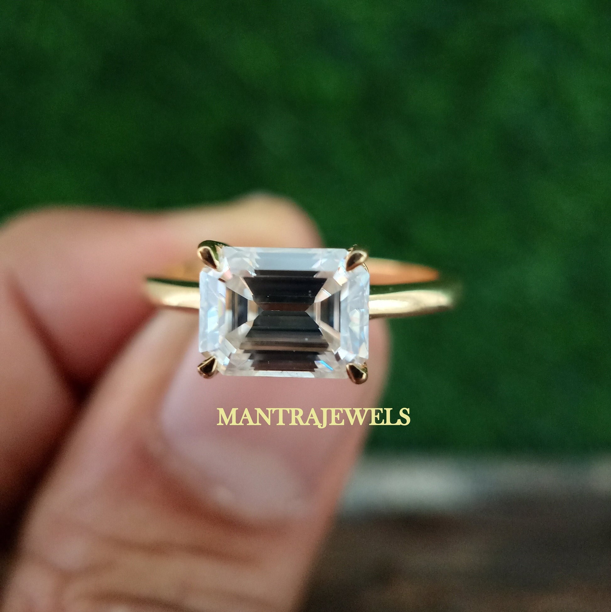 8x6mm Emerald Moissanite Engagement Ring, East West Emerald Ring, 10K, 14K, And 18K Solid Gold Single Stone Ring