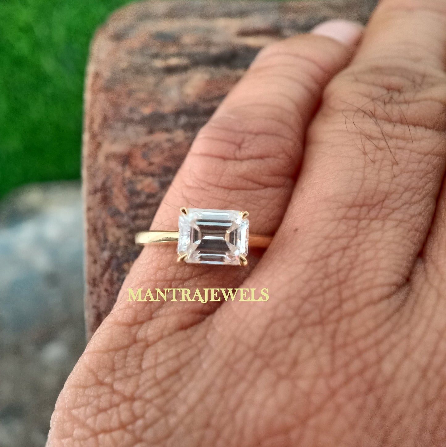 8x6mm Emerald Moissanite Engagement Ring, East West Emerald Ring, 10K, 14K, And 18K Solid Gold Single Stone Ring