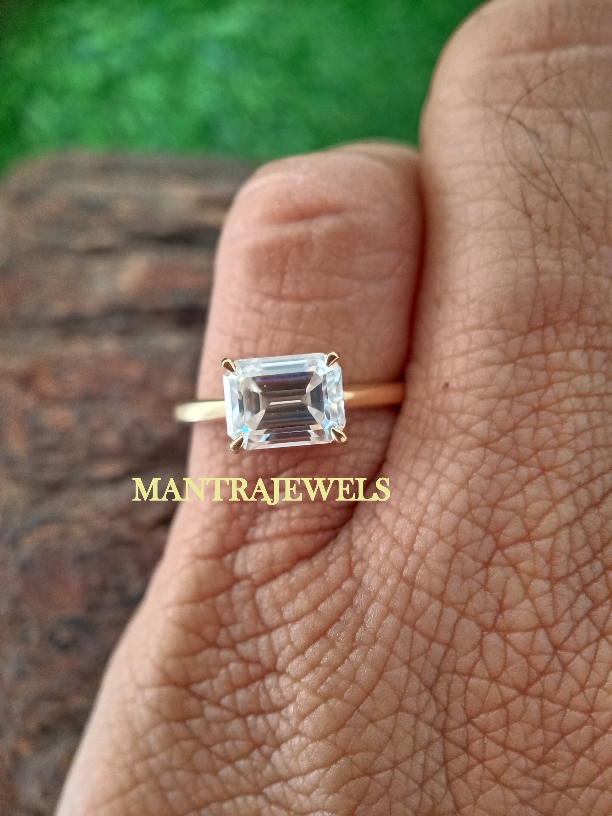 8x6mm Emerald Moissanite Engagement Ring, East West Emerald Ring, 10K, 14K, And 18K Solid Gold Single Stone Ring