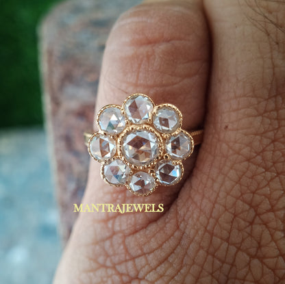 1.85 Ct. Round Cut Moissanite Ring - Daisy Cluster Engagement Ring - Gold Vintage Cluster Wedding Ring - Floral Ring Anniversary Gift