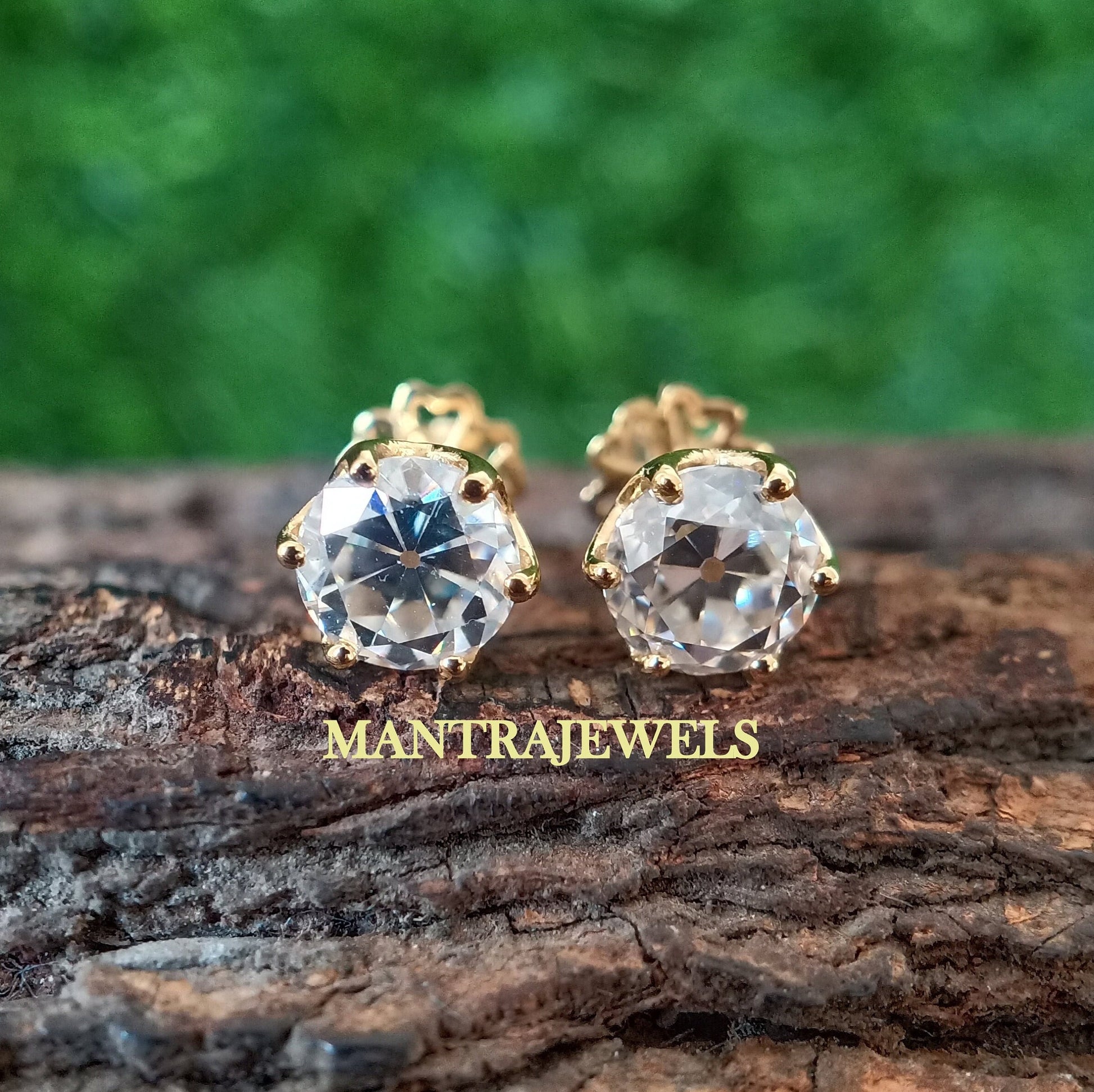 Moissanite Earrings, OEC Diamond Womens Earrings, Solid Yellow Gold Earrings, Old European Cut Moissanite Studs, Screw Back Wedding Earrings