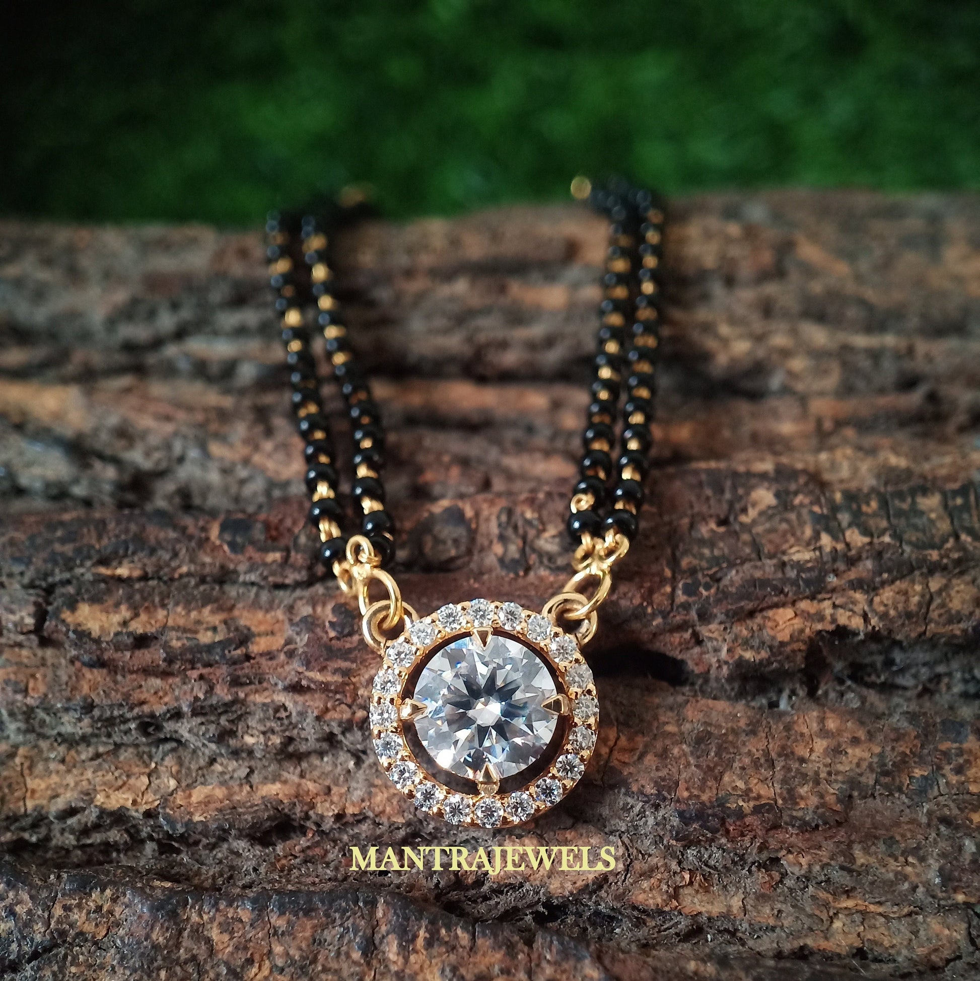 Mangalsutra Round Cut Pendant Necklace - Gold Plated Black Beaded Chain - Moissanite Solitaire Necklace for Women - Wedding Pendant