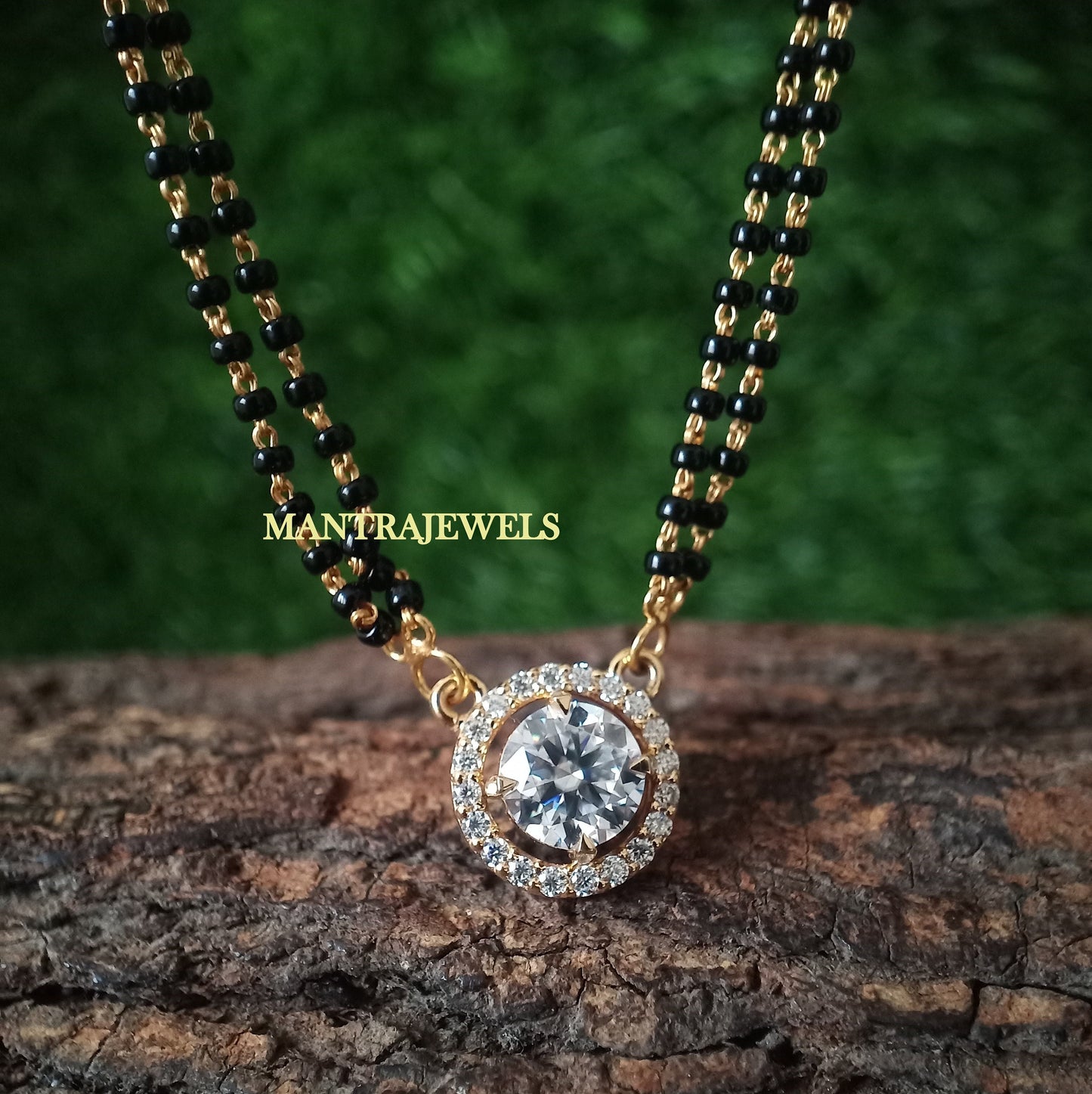 Mangalsutra Round Cut Pendant Necklace - Gold Plated Black Beaded Chain - Moissanite Solitaire Necklace for Women - Wedding Pendant