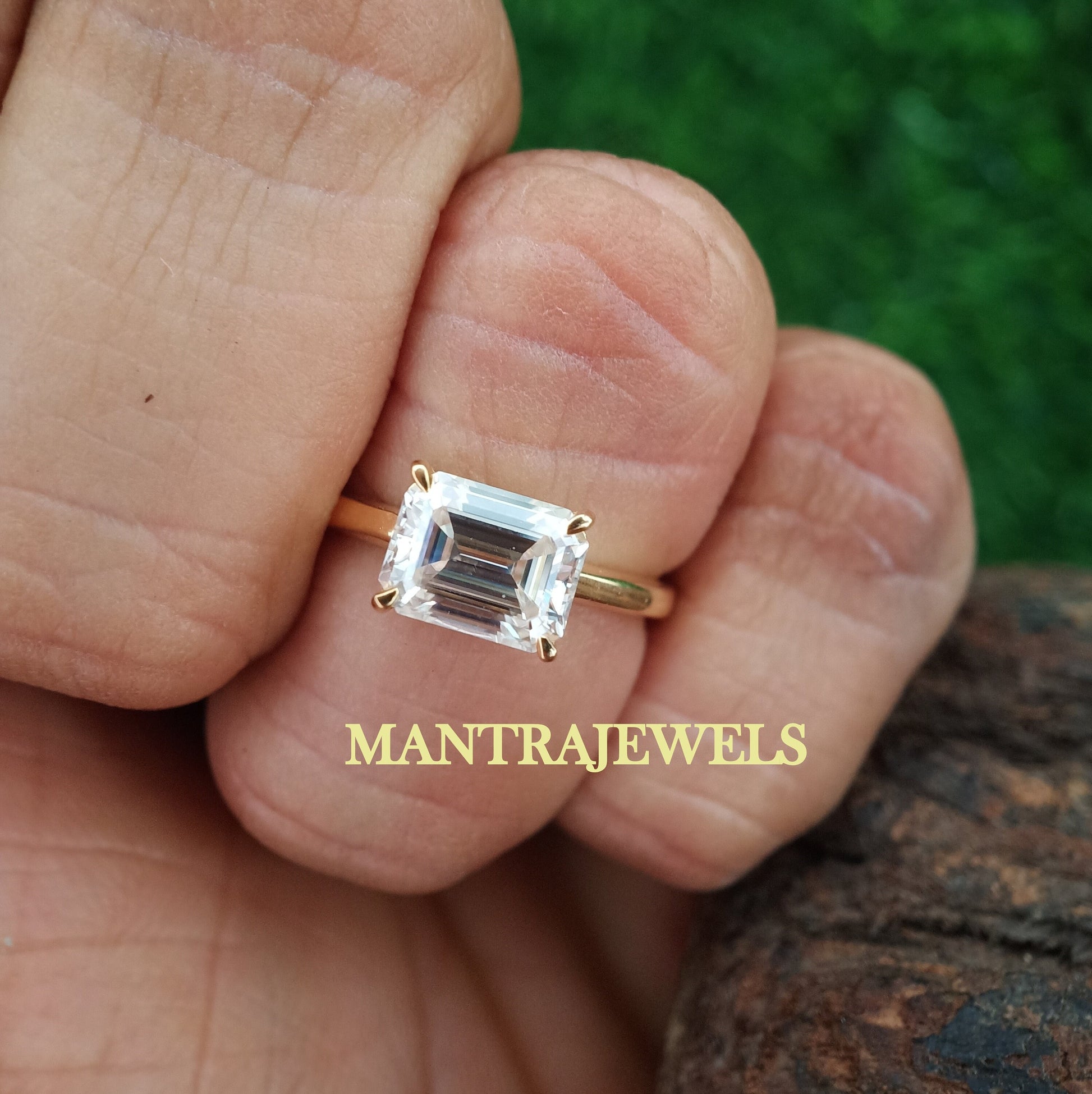 8x6mm Emerald Moissanite Engagement Ring, East West Emerald Ring, 10K, 14K, And 18K Solid Gold Single Stone Ring