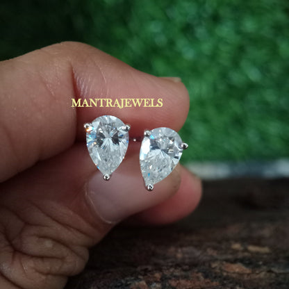 Moissanite Earrings, Pear Cut Moissanite Diamond Stud Earrings, Solid White Gold Earrings For Womens, Solitaire Engagement Pear Earrings