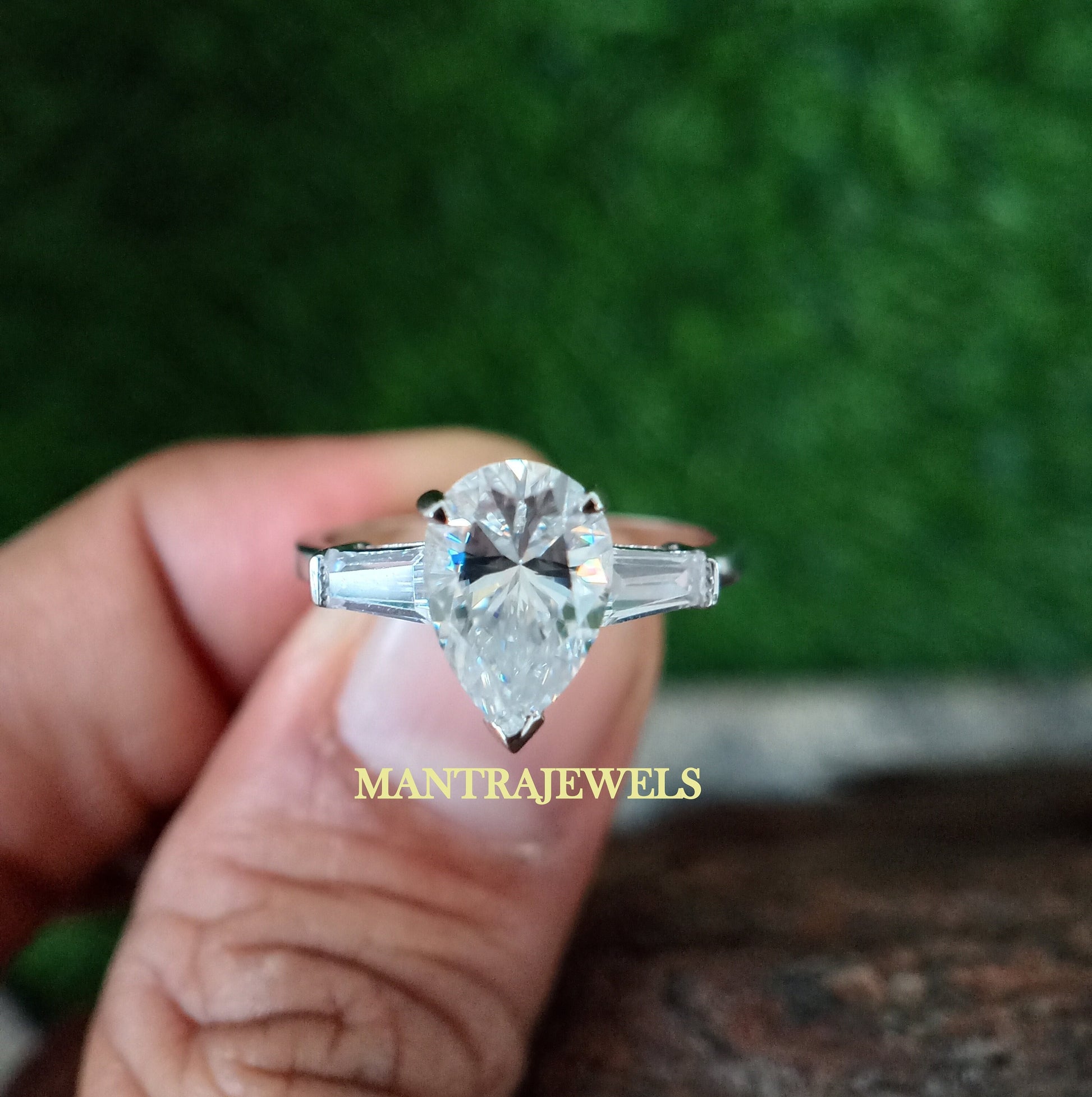 Pear Moissanite Ring, 2.35Ct Pear Cut Moissanite Engagement Ring, Side Taper Baguette Cut Ring, Solid Gold Bridal Wedding Ring, Ring For Her