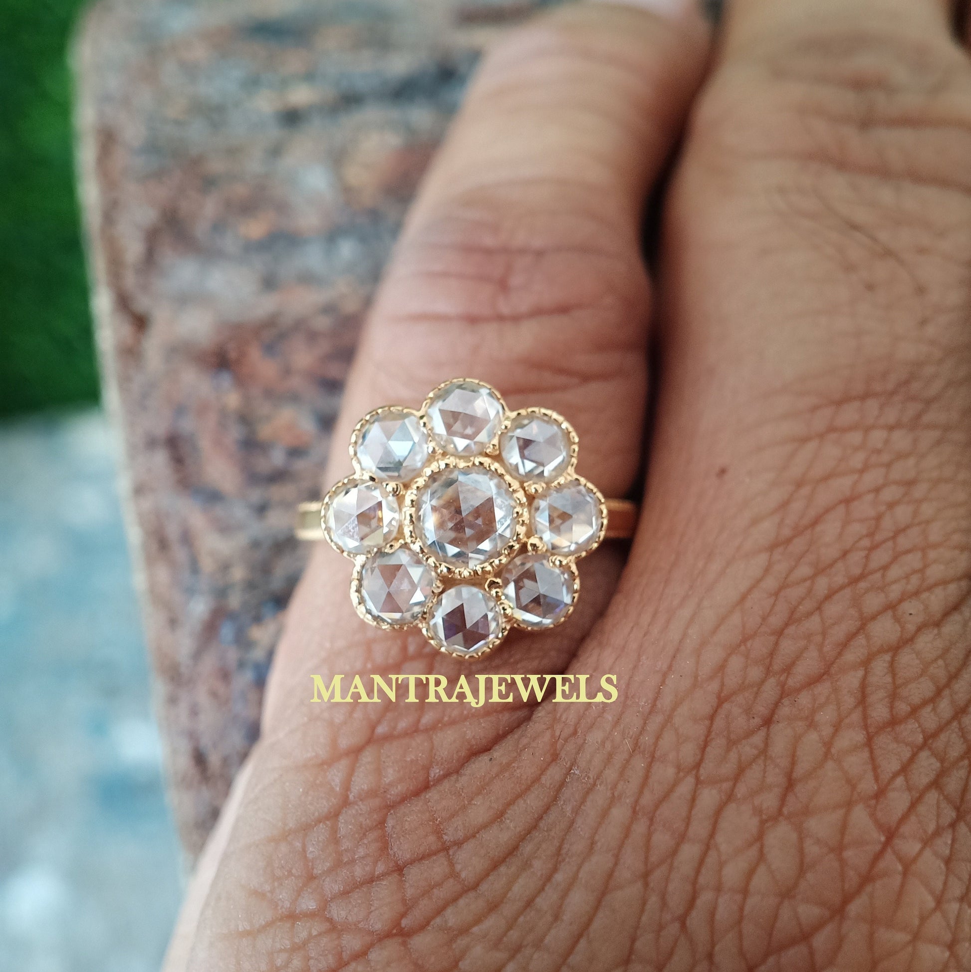 1.85 Ct. Round Cut Moissanite Ring - Daisy Cluster Engagement Ring - Gold Vintage Cluster Wedding Ring - Floral Ring Anniversary Gift