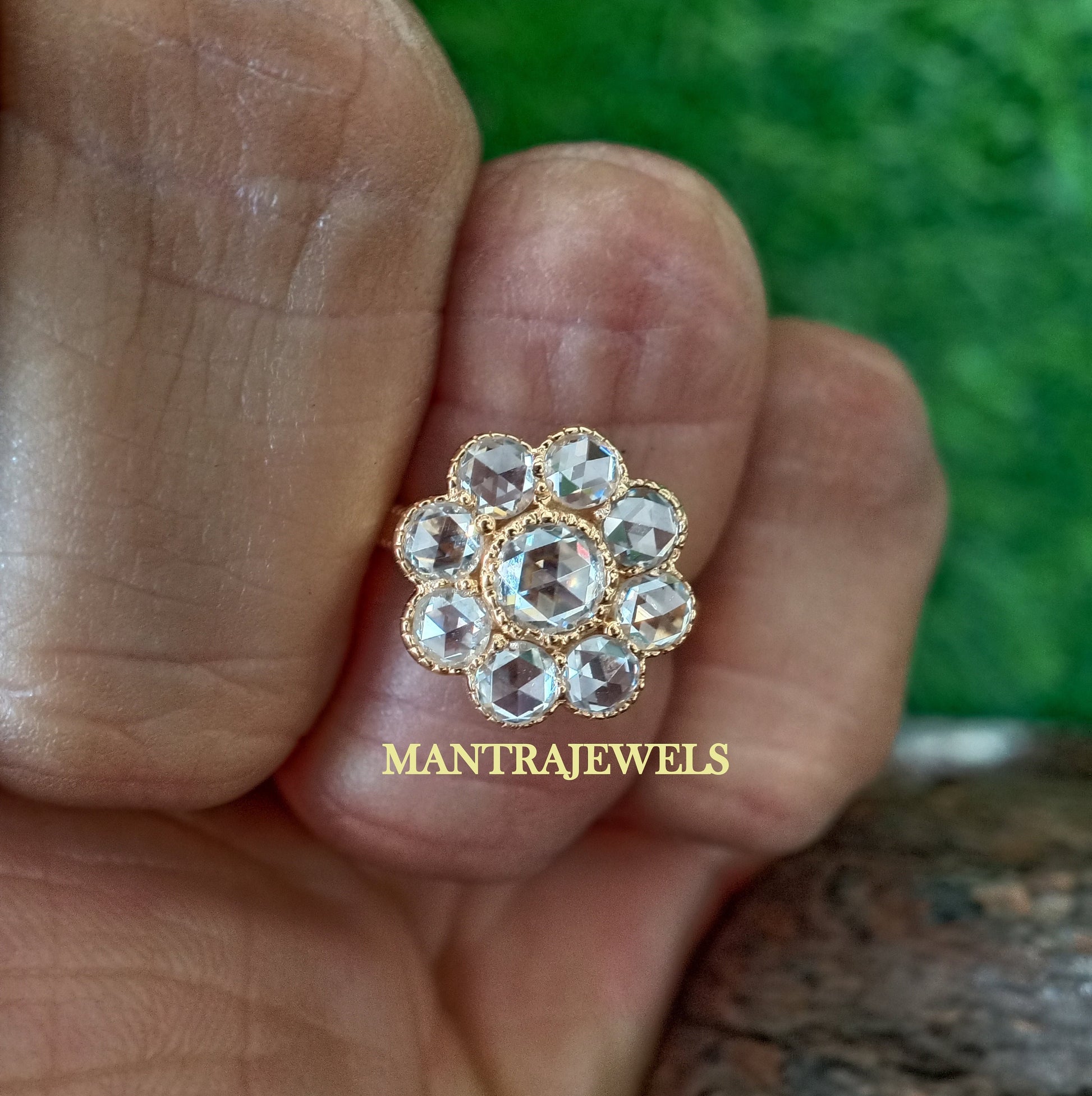 1.85 Ct. Round Cut Moissanite Ring - Daisy Cluster Engagement Ring - Gold Vintage Cluster Wedding Ring - Floral Ring Anniversary Gift