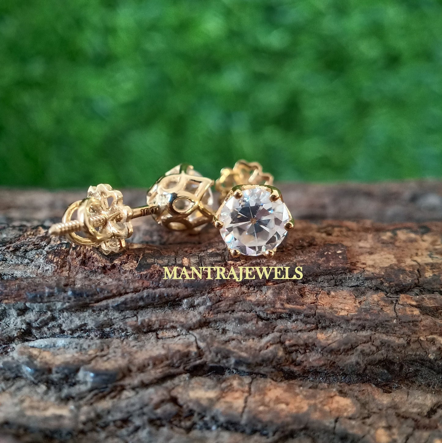 Moissanite Earrings, OEC Diamond Womens Earrings, Solid Yellow Gold Earrings, Old European Cut Moissanite Studs, Screw Back Wedding Earrings