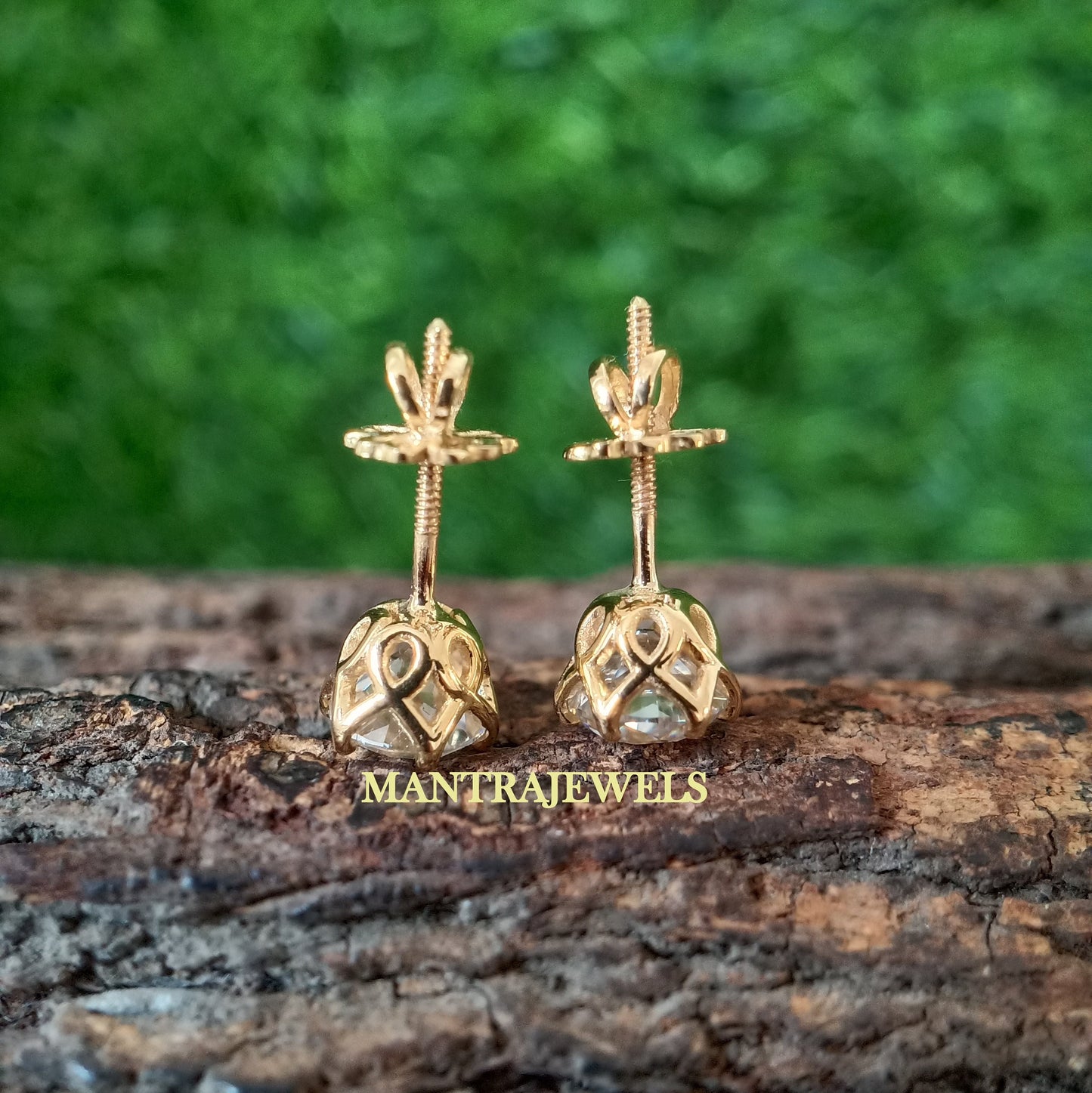 Moissanite Earrings, OEC Diamond Womens Earrings, Solid Yellow Gold Earrings, Old European Cut Moissanite Studs, Screw Back Wedding Earrings