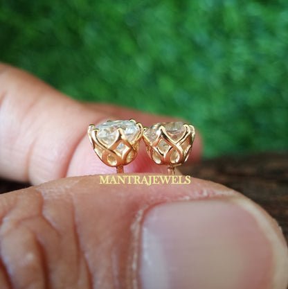 Moissanite Earrings, OEC Diamond Womens Earrings, Solid Yellow Gold Earrings, Old European Cut Moissanite Studs, Screw Back Wedding Earrings