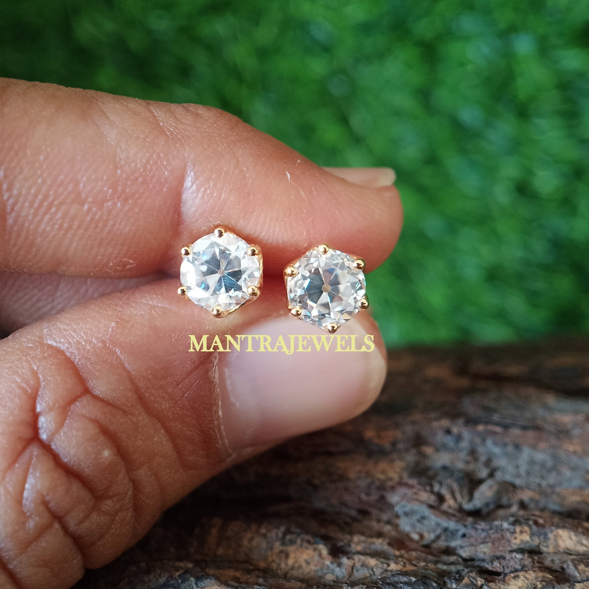 Moissanite Earrings, OEC Diamond Womens Earrings, Solid Yellow Gold Earrings, Old European Cut Moissanite Studs, Screw Back Wedding Earrings