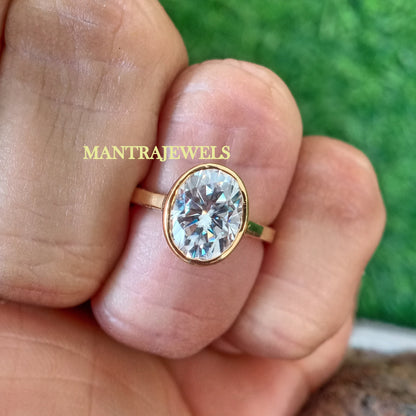 Bezel Moissanite Engagement Ring, 2.80 Ct Oval Cut Moissanite Wedding Ring, Solitaire Bezel Set Diamond Ring, Real 14k Yellow Gold Ring