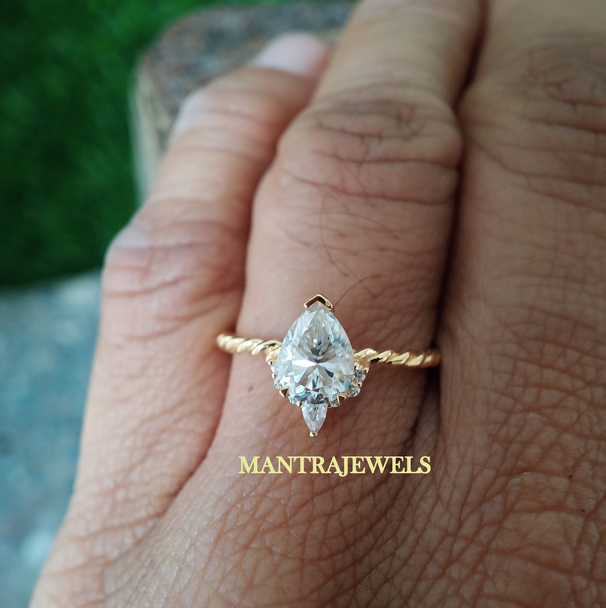 Pear Moissanite Engagement Ring, 1.40 CT Pear Cut Moissanite Diamond Twisted Band Ring in Real 14k Yellow Gold, Wedding Ring For Her