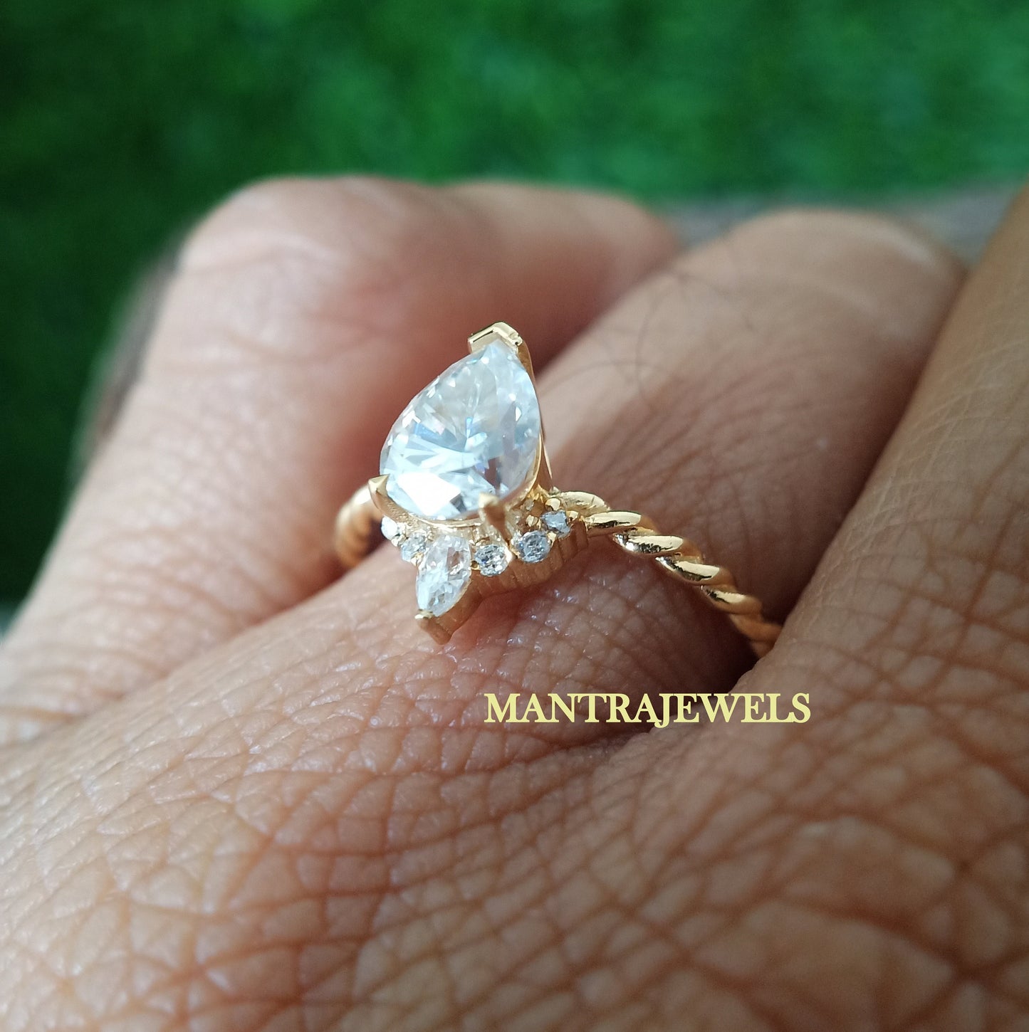 Pear Moissanite Engagement Ring, 1.40 CT Pear Cut Moissanite Diamond Twisted Band Ring in Real 14k Yellow Gold, Wedding Ring For Her