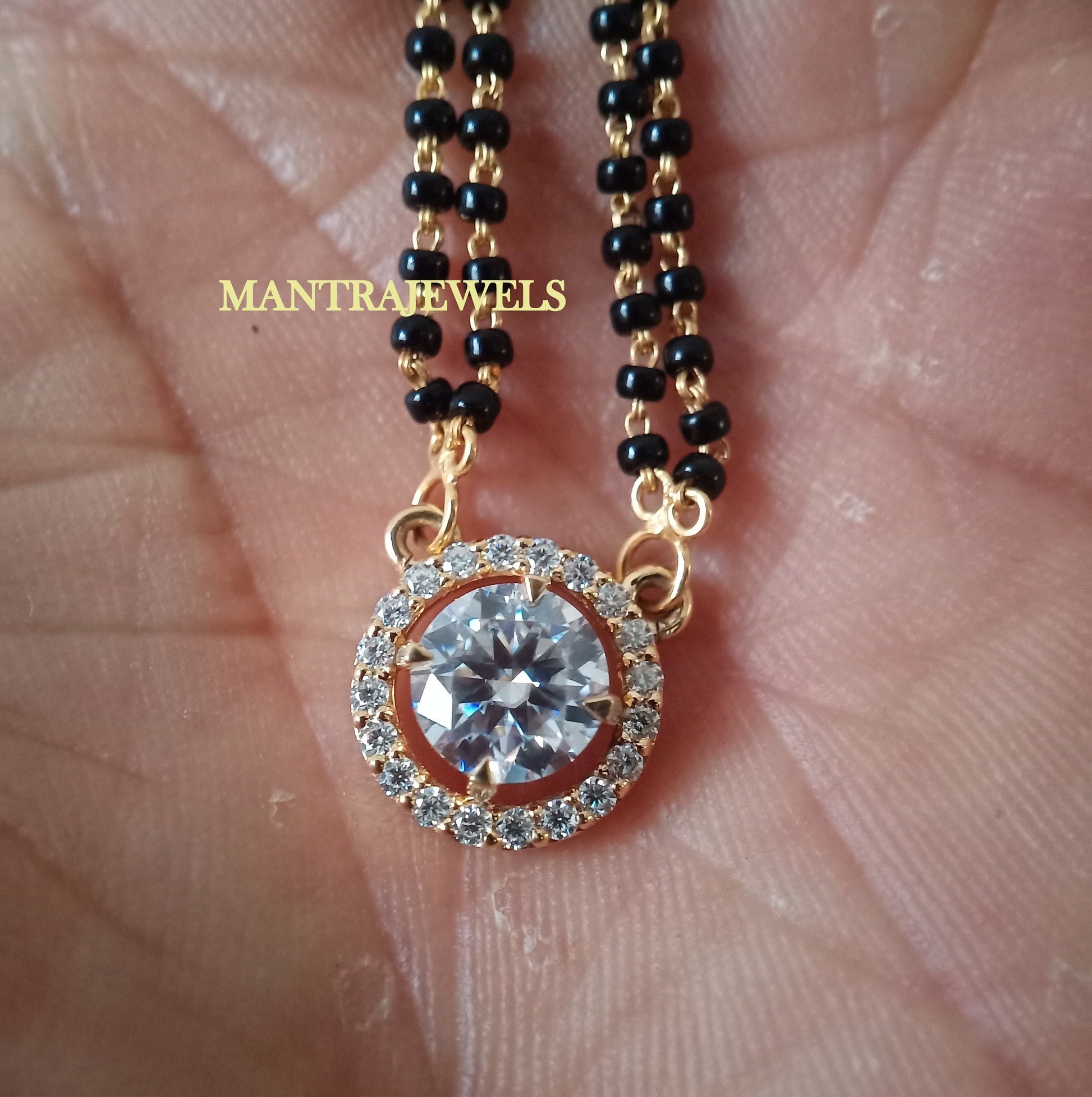 Mangalsutra Round Cut Pendant Necklace - Gold Plated Black Beaded Chain - Moissanite Solitaire Necklace for Women - Wedding Pendant