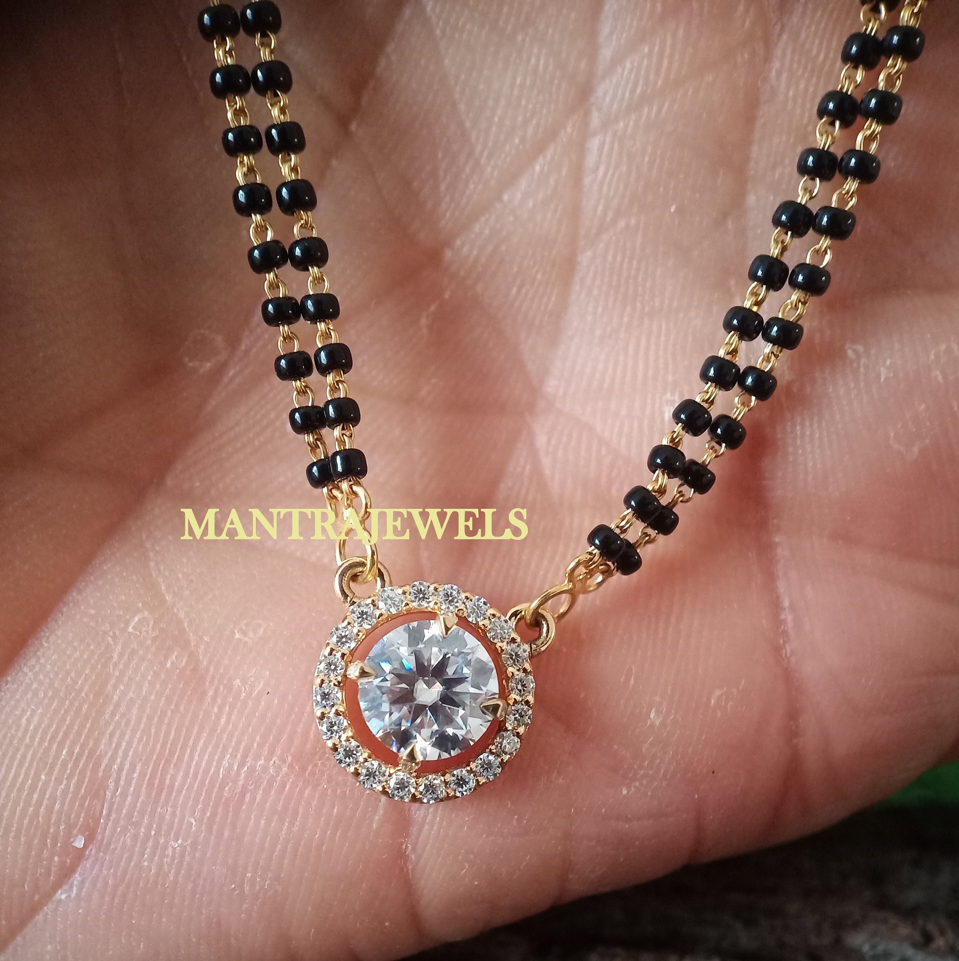 Mangalsutra Round Cut Pendant Necklace - Gold Plated Black Beaded Chain - Moissanite Solitaire Necklace for Women - Wedding Pendant