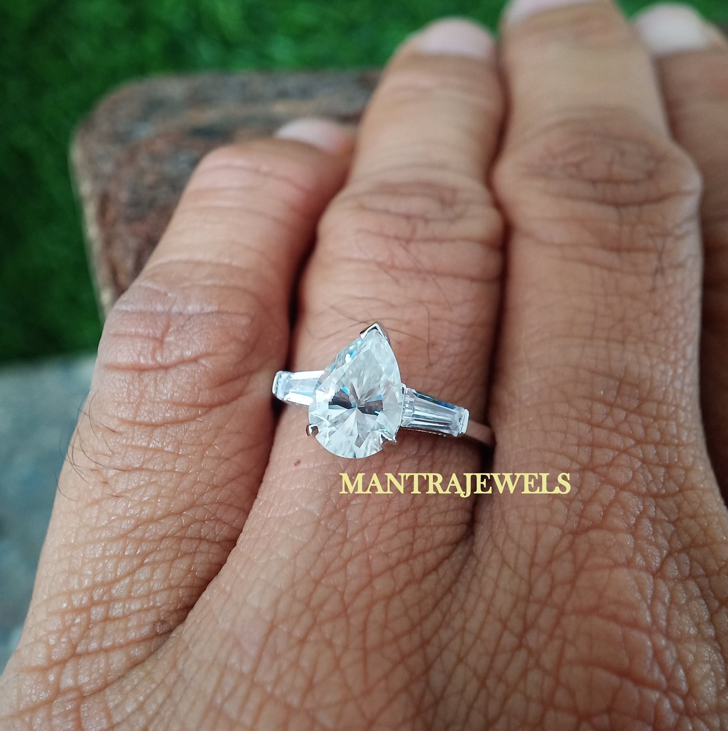 Pear Moissanite Ring, 2.35Ct Pear Cut Moissanite Engagement Ring, Side Taper Baguette Cut Ring, Solid Gold Bridal Wedding Ring, Ring For Her