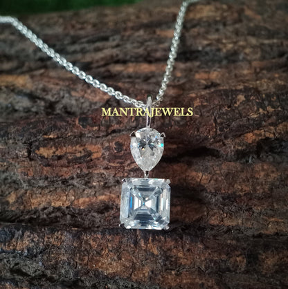 Asscher and Pear Cut Moissanite Pendant, Two Stone Diamond Pendant, Womens Engagement Pendant Necklace, Gold Birthday Gifts For Her