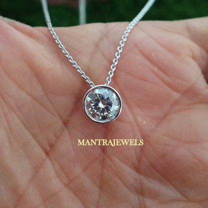 Moissanite Pendant With Chain, Round Cut Solitaire Moissanite Engagement Pendant With Gold Chain, Women Simple Pendant, Perfect Gift For Her