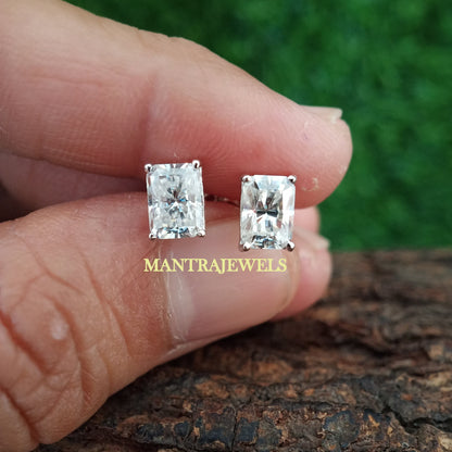 Moissanite Solitaire Stud Earrings, 2.00Ct Radiant Cut Moissanite Earring, Solid Real White Gold Earrings, Screw Back Wedding Earrings