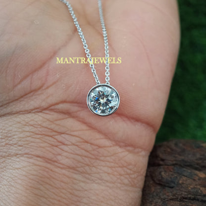 Moissanite Pendant With Chain, Round Cut Solitaire Moissanite Engagement Pendant With Gold Chain, Women Simple Pendant, Perfect Gift For Her