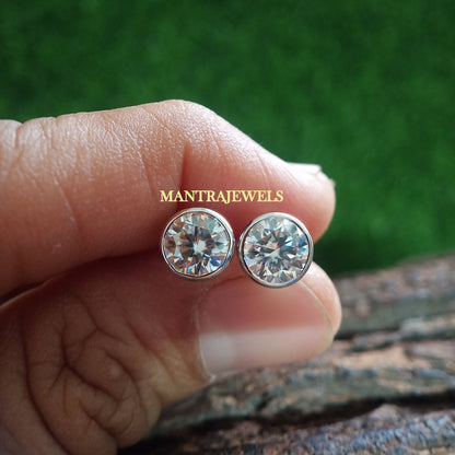 Bezel Moissanite Earrings, Dainty Moissanite 14kt Gold Stud Earrings, Engagement And Wedding Earring Bezel Earring, Everyday Earrings