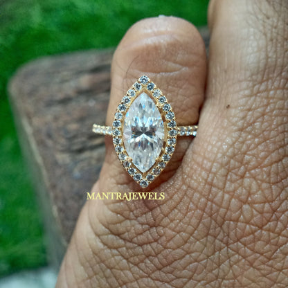 Halo Style Moissanite Ring, 2Ct Marquise Cut Moissanite Engagement Ring, Solid 10k/14k/18k Yellow Gold Ring, Anniversary Gift Ring For Her