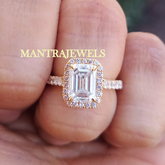 Halo Style Moissanite Ring, 3.30Ct Emerald Cut Moissanite Engagement Ring, Solid 14k Yellow Gold Rings, Emerald Step Cut Diamond Womens Ring