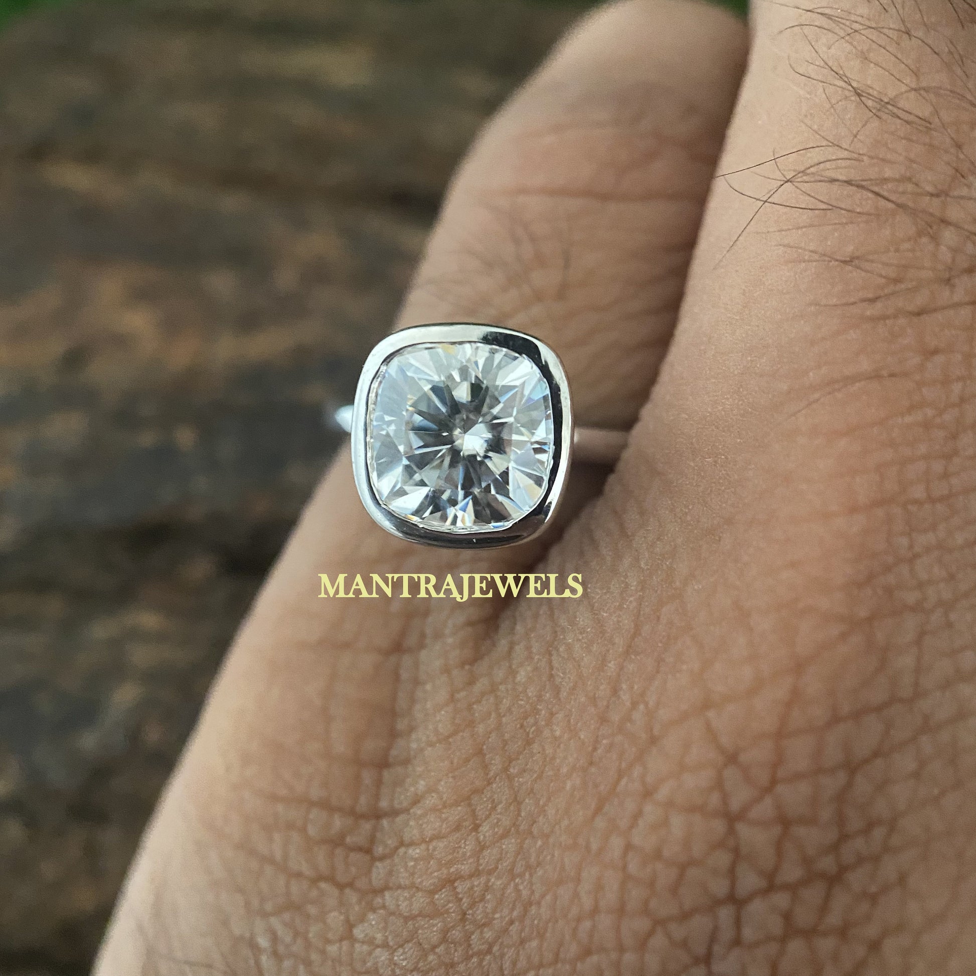 Bezel Set Cushion Cut Moissanite Engagement Ring, Solitaire Solid Gold Wedding Ring, Everyday Wear Simple Ring