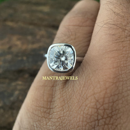 Bezel Set Cushion Cut Moissanite Engagement Ring, Solitaire Solid Gold Wedding Ring, Everyday Wear Simple Ring