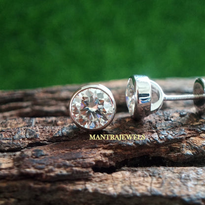 Bezel Moissanite Earrings, Dainty Moissanite 14kt Gold Stud Earrings, Engagement And Wedding Earring Bezel Earring, Everyday Earrings