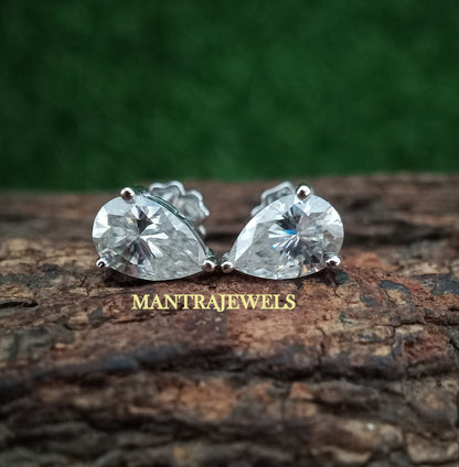 Moissanite Earrings, Pear Cut Moissanite Diamond Stud Earrings, Solid White Gold Earrings For Womens, Solitaire Engagement Pear Earrings