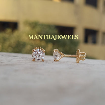 1.51 TCW Round Cut Earrings / Solitaire Moissanite Earrings / 4 Prong 18k Yellow Gold Earrings / Perfect Stud Earrings /Engagement Earrings