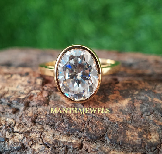 Bezel Moissanite Engagement Ring, 2.80 Ct Oval Cut Moissanite Wedding Ring, Solitaire Bezel Set Diamond Ring, Real 14k Yellow Gold Ring