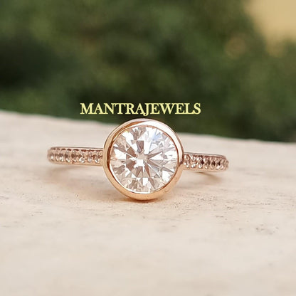 Perfect Engagement Ring / Bezel Set Round Moissanite Ring/ Half Eternity Ring/ 14KT Solid Rose Gold Solitaire Accent Ring/ Ring For Love