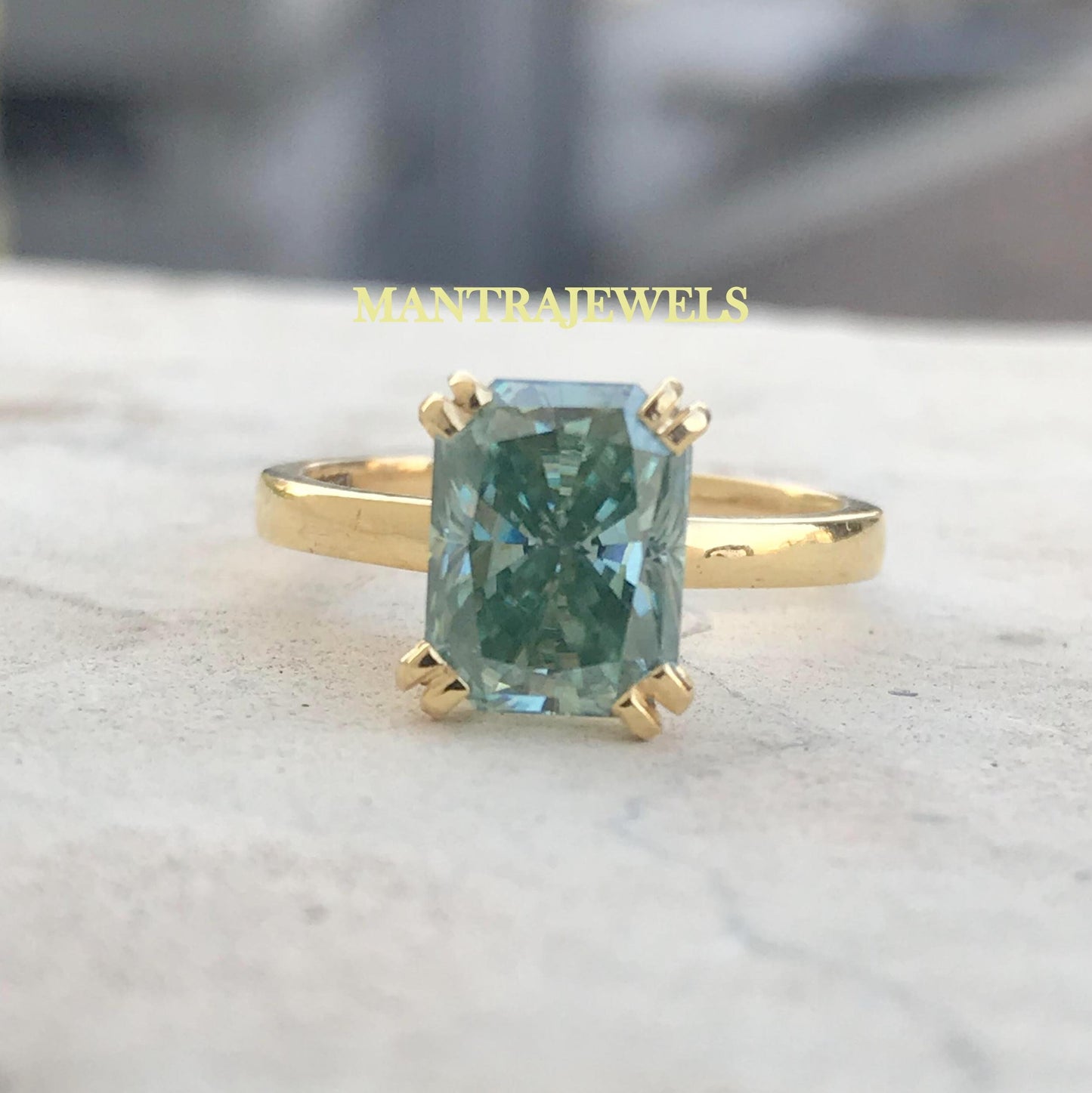 2.61 CT Blue Green Radiant Ring | Radiant Moissanite Ring | Solitaire Engagement Ring | Yellow Gold Ring | Wedding Ring | Anniversary Gifts