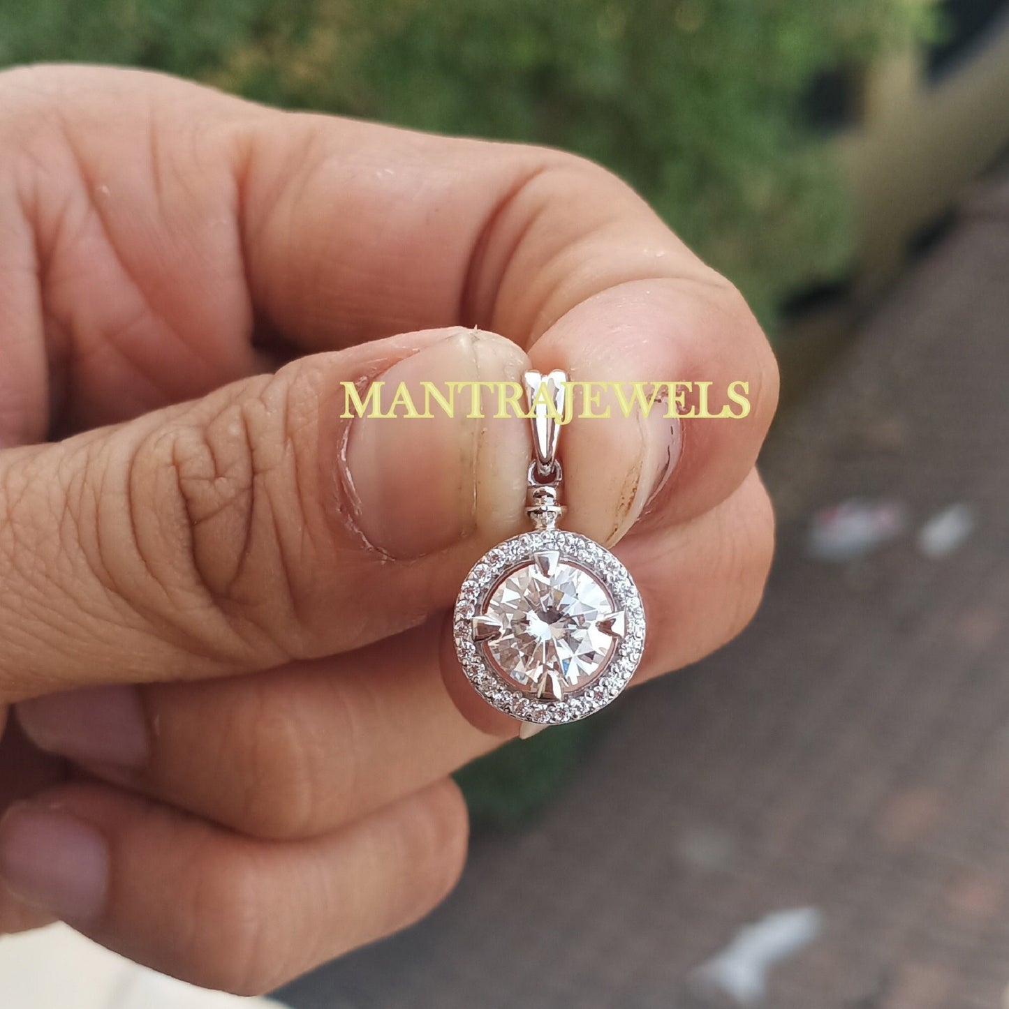 2.20 Carat Round Cut Moissanite Pendant, Dainty 14k White Gold Pendant, Halo Style Moissanite Pendant, Handmade Moissanite Pendant