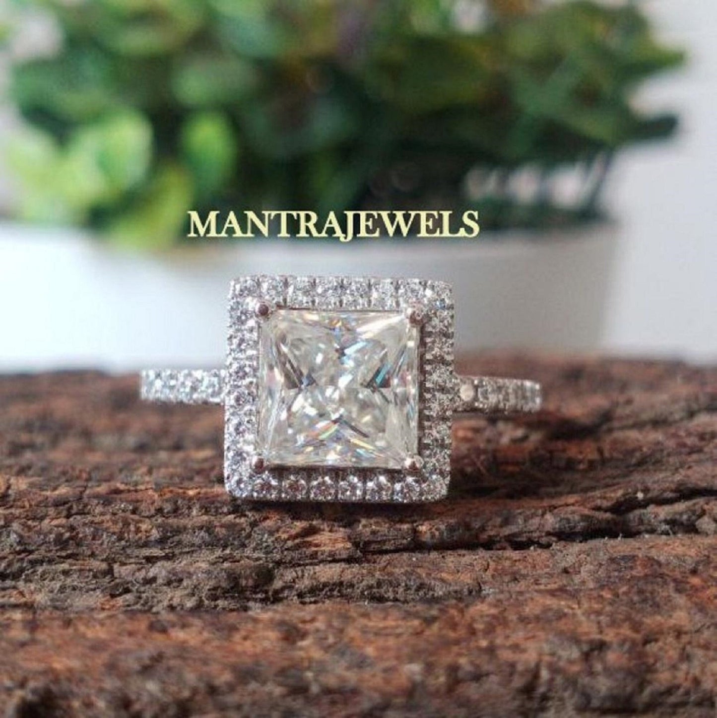 2.50Ct Moissanite engagement Ring / Halo 14k white gold princess cut Ring / Wedding ring for unique Jewelry / Solitaire Accent Halo Ring