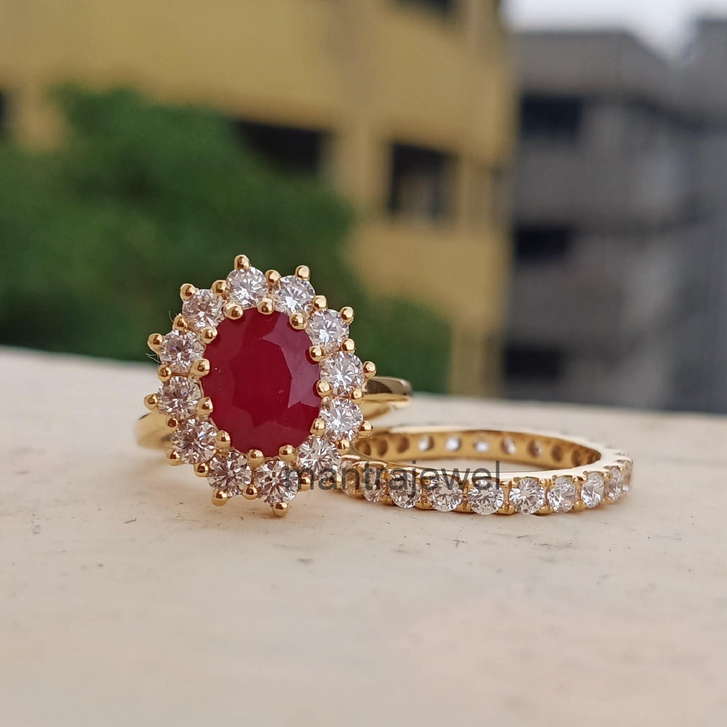 5.80ct Oval Cut Ruby Ring, Red July Birthstone Stone Wedding Ring Set, 14k Yellow Gold Bridal Set Ring, Full Eternity Wedding Band Ring