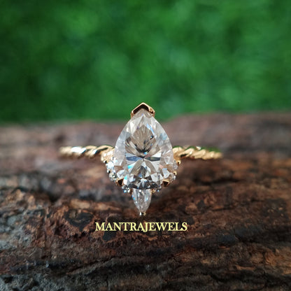 Pear Moissanite Engagement Ring, 1.40 CT Pear Cut Moissanite Diamond Twisted Band Ring in Real 14k Yellow Gold, Wedding Ring For Her