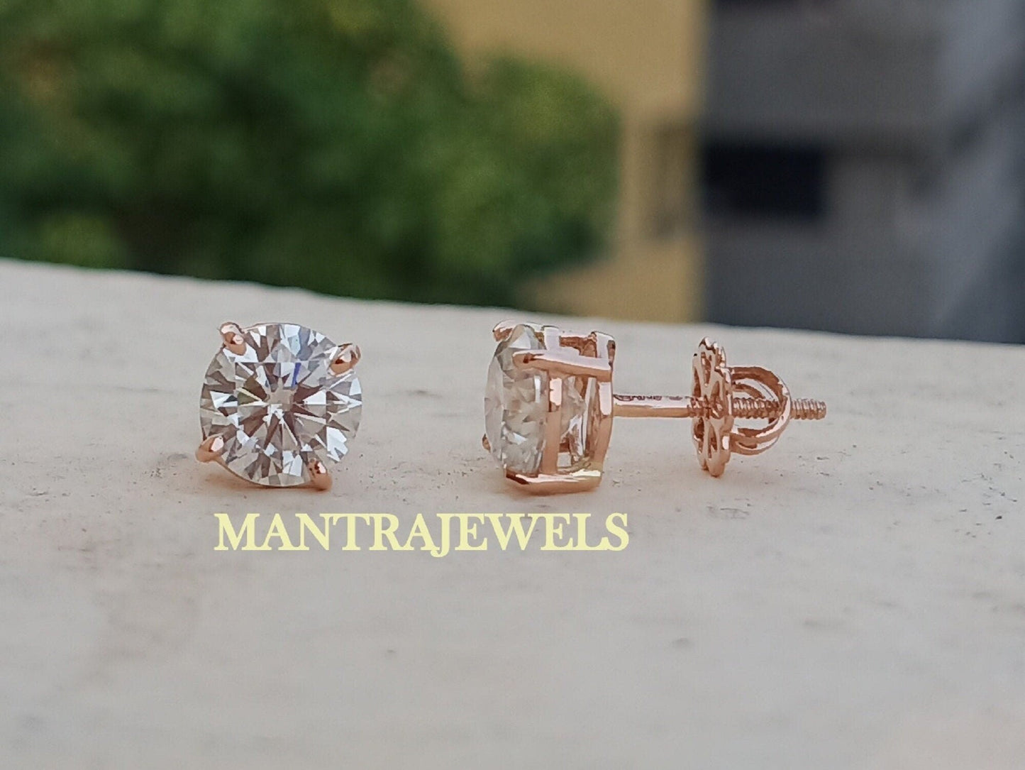 Moissanite Earring / 3.20Ct Round Cut Moissanite Engagement Earring / Stud Moissanite Earrings / Earlobe Screw Back Basket Rose Gold Earring