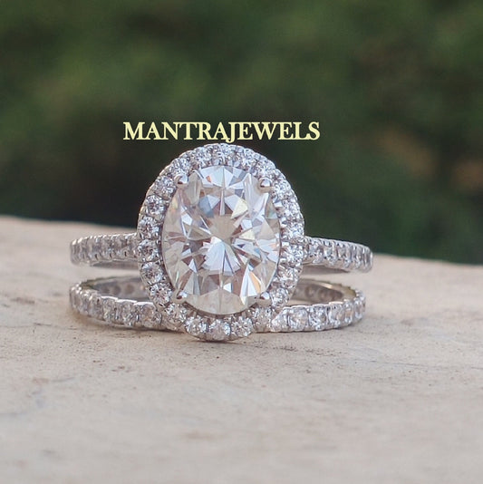 Vintage Bridal Set | 3.47 TW Oval Cut Moissanite Bridal Ring Set | Engagement White Gold Set | Moissanite Wedding Band | Full Eternity Band