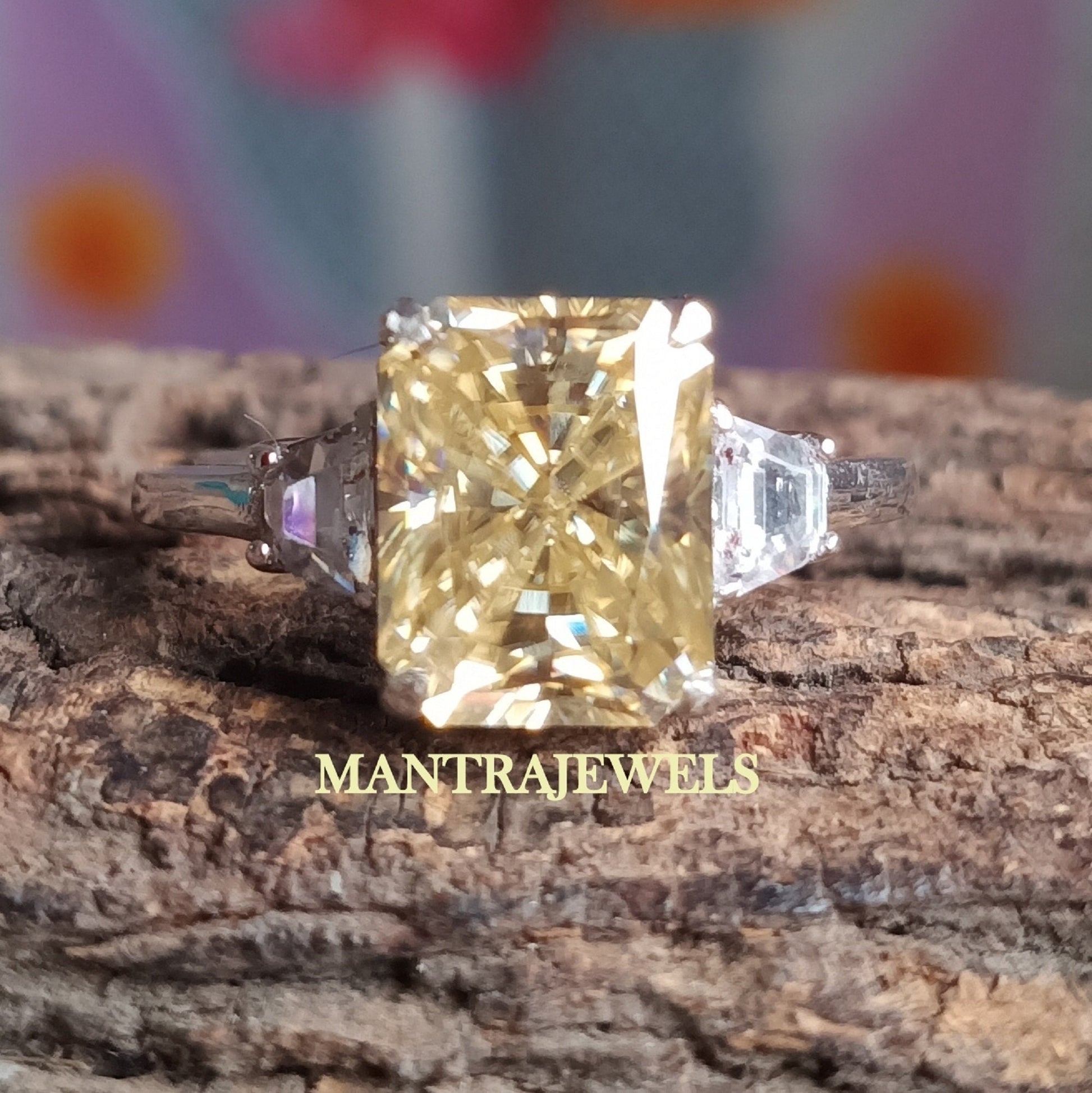 4.10ct Radiant Cut Engagement Ring, Vivid Yellow Wedding Ring, Trillion Accents, 14K White Gold Ring, TapperShaped Accent Engagement Ring